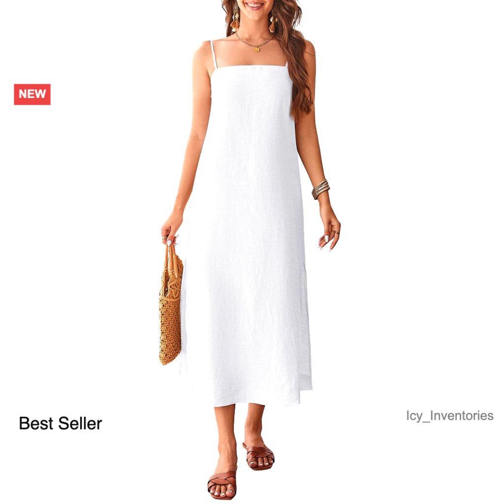 Linen Midi Dress Square Neck Sleeveless Adjustable Straps Casual Summer Chic